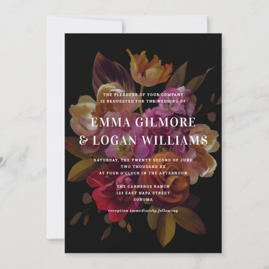 Donkere en dunne, dunne, gevilde Florale bruiloft Kaart (Voorkant)