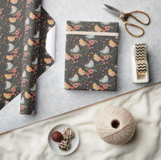 Donkere en Gezellige Liefde Vogel Bloemen Botanisc Cadeaupapier