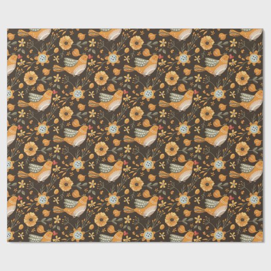 Donkere en Gezellige Schattigee Vogelbloem Botanis Cadeaupapier (Vlak)