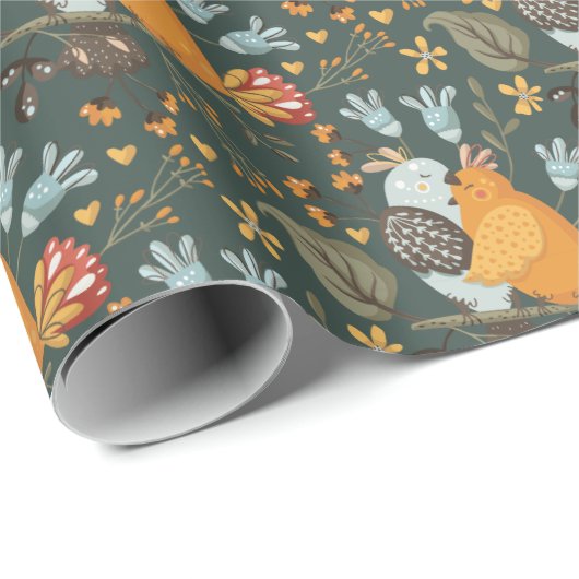 Donkere en gezellige vogel omarmen flora botanisch cadeaupapier (Rol Hoek)