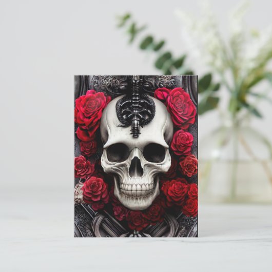 Donkere en gotische schedel en Rozen Murial Briefkaart (Staand voorkant)