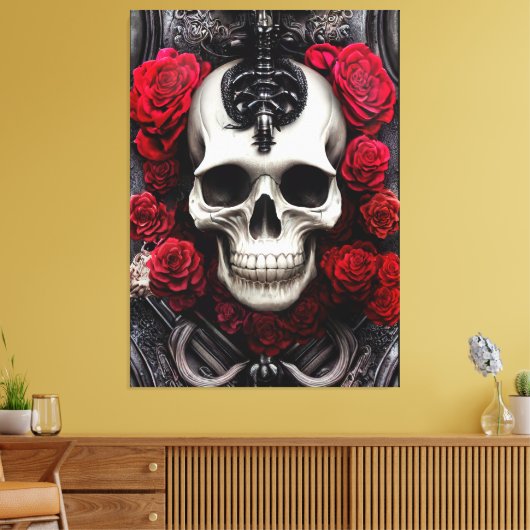 Donkere en gotische schedel en Rozen Murial Canvas Afdruk (Insitu (Woonkamer))