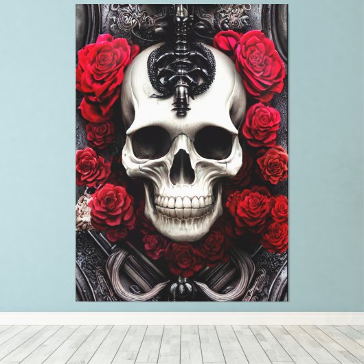 Donkere en gotische schedel en Rozen Murial Canvas Afdruk (Insitu (Houten vloer))