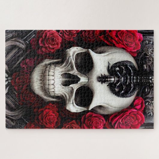 Donkere en gotische schedel en Rozen Murial Legpuzzel (Horizontaal)