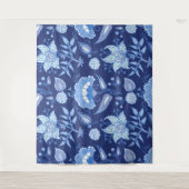Donkere en lichtblauwe Indische bloemen etnisch pa Wandkleed (Voorkant)