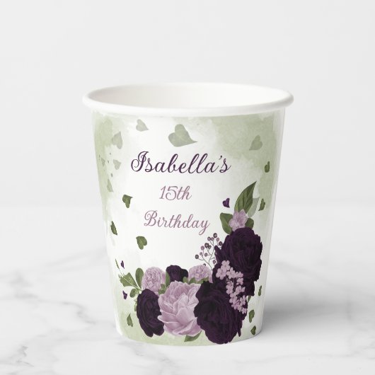 donkere en lichte paarse bloemen groen blad papier papieren bekers (Achterkant)