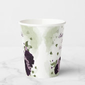 donkere en lichte paarse bloemen groen blad papier papieren bekers (Links)