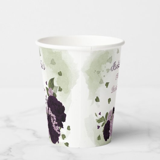 donkere en lichte paarse bloemen groen blad papier papieren bekers (Rechts)