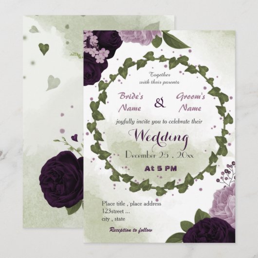 donkere en lichte paarse bloemen groen huwelijk kaart (Voorkant / Achterkant)