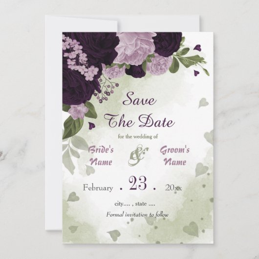 donkere en lichte paarse bloemen groene bladeren b save the date (Voorkant)