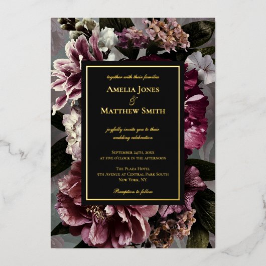 Donkere en Moody Floral Wedding Folie Invitation Folie Uitnodiging (Voorkant)