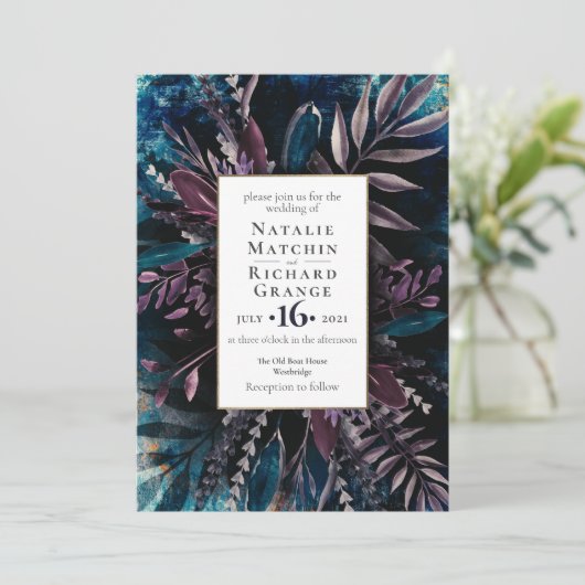 Donkere en Moody Wedding-uitnodiging Blauw Kaart (Staand voorkant)