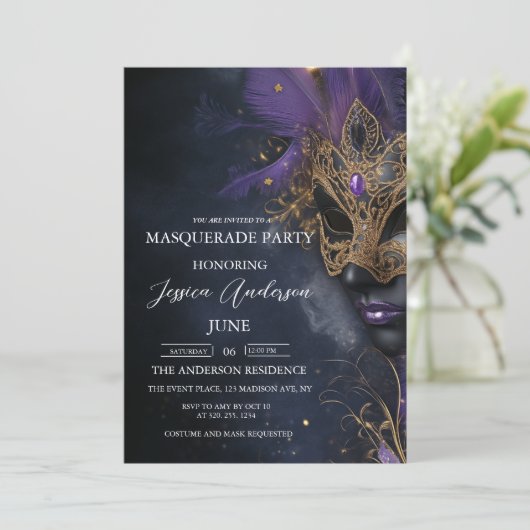 Donkere en Paarse Masquerade Party Verjaardag Kaart (Staand voorkant)