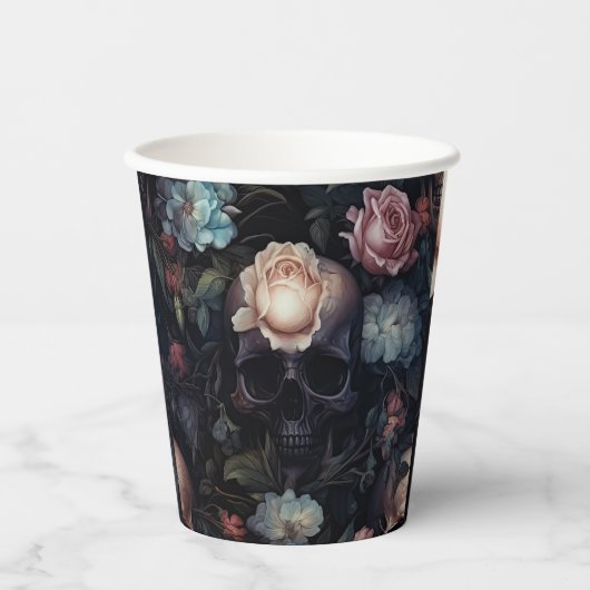Donkere en sombere bloemrijke gotische bruidsdouch papieren bekers (Voorkant)