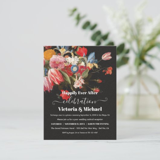 Donkere en sombere stillevens bloemen na de bruilo RSVP kaartje (Staand voorkant)