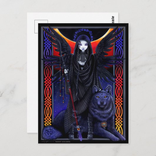 Donkere engel en wolf.  Rayvnwolf van Myka Jelina Briefkaart (Voorkant / Achterkant)