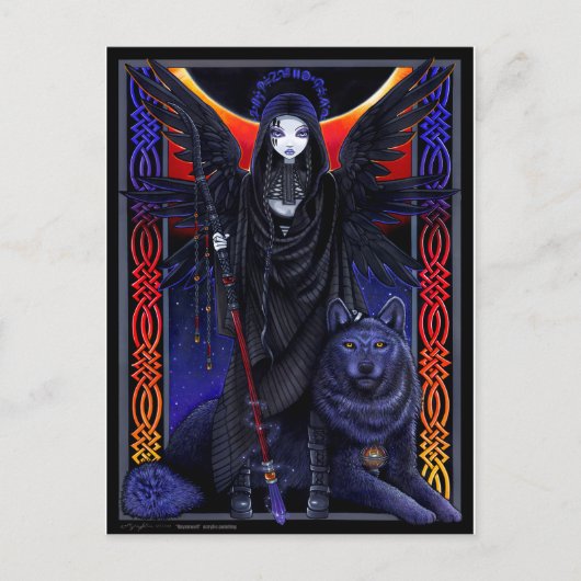 Donkere engel en wolf.  Rayvnwolf van Myka Jelina Briefkaart (Voorkant)