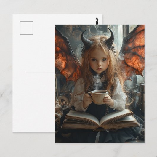 Donkere engel kind met koffie en een boek briefkaart (Voorkant / Achterkant)