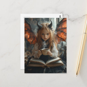 Donkere engel kind met koffie en een boek briefkaart