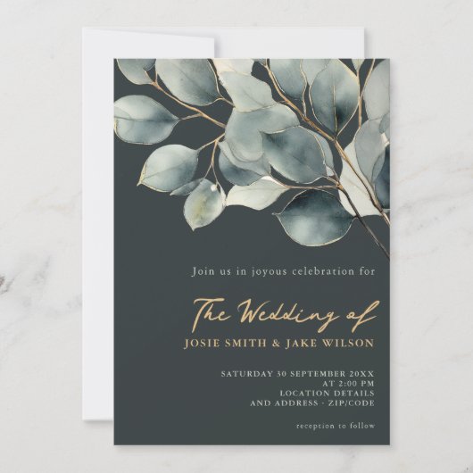 Donkere Eucalyptus tak en groene bladeren bruiloft Kaart (Voorkant)