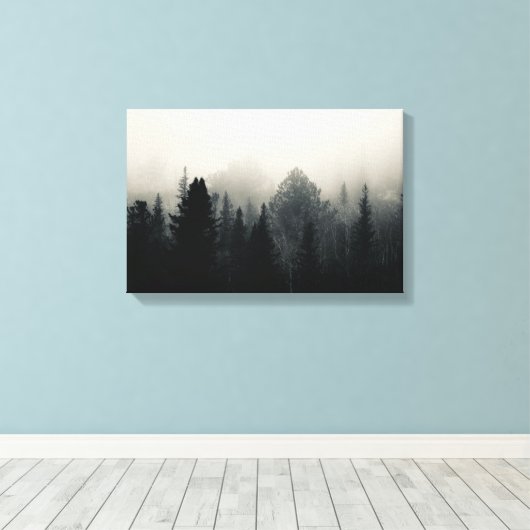 Donkere evergreens in witte mist canvas afdruk (Insitu (Houten vloer))