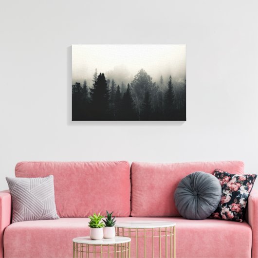 Donkere evergreens in witte mist canvas afdruk (Insitu (Woonkamer))
