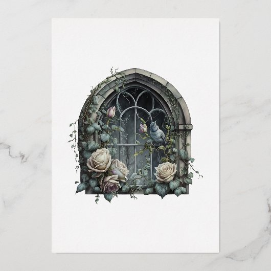 Donkere Fantasie Kasteel Venster Gotische Bruiloft Folie Uitnodiging (Achterkant)
