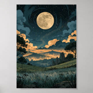 Donkere Fantasie Maneschijn Over Rollende Heuvels Poster