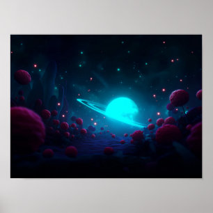 Donkere fantasievallei met gloeiende groene lucht poster