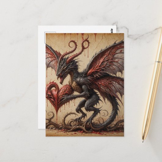 Donkere Fantasy Draak Bloedend Hart Briefkaart (Voorkant / Achterkant in situ)