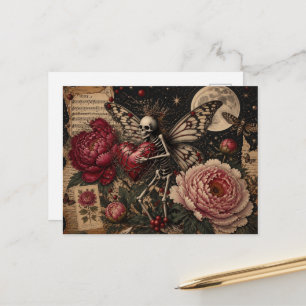Donkere Fantasy Fee Skelet en Pioen Bloemen Briefkaart