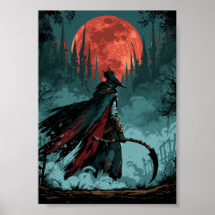 Donkere Fantasy Jager met Zeis en Rode Maan Poster