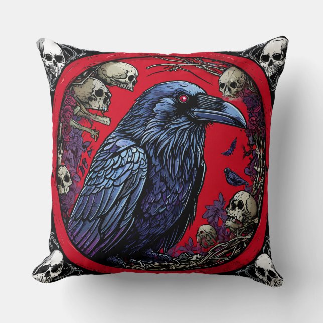 Donkere Fantasy Raven & Schedels Decoratief  Kussen (Voorkant)