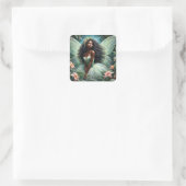 Donkere fee in mintgroene botanische omgeving vierkante sticker (Tas)