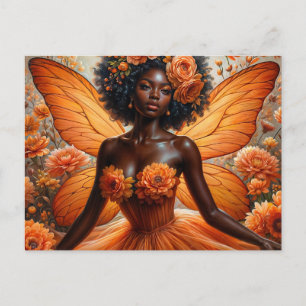 Donkere fee met afro - Oranje bloemen Briefkaart