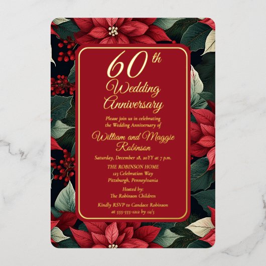 Donkere feestelijke bloemstukken 60ste huwelijksju folie uitnodiging (Voorkant)