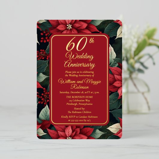 Donkere feestelijke bloemstukken 60ste huwelijksju folie uitnodiging (Staand Voorkant)