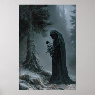 Donkere figuur met kap en zwarte roos heksachtige  poster