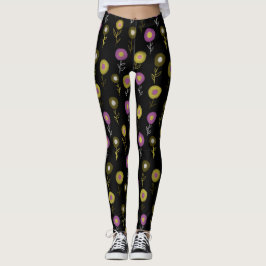 Donkere flessenpatroon - Geel roze ronde bloemen Leggings