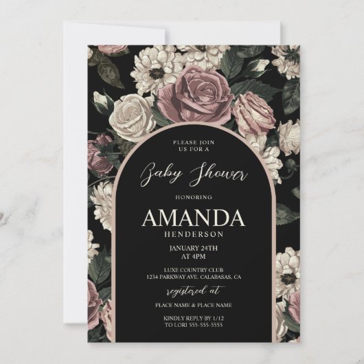 Donkere  Floral Baby shower Kaart (Voorkant)