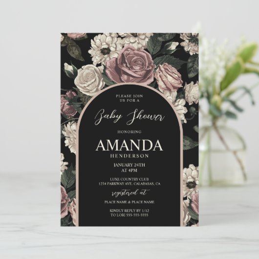 Donkere  Floral Baby shower Kaart (Staand voorkant)