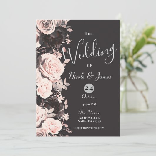 Donkere Floral Blush Roze Charcoal Grey Black Wedd Kaart (Staand voorkant)
