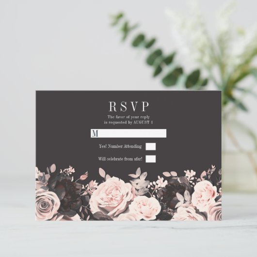 Donkere Floral Blush roze houtskool Black Weddensc Kaart (Staand voorkant)