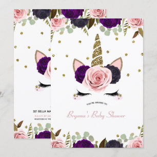 Donkere Floral Glam Gold Glitter Unicorn Baby show Kaart