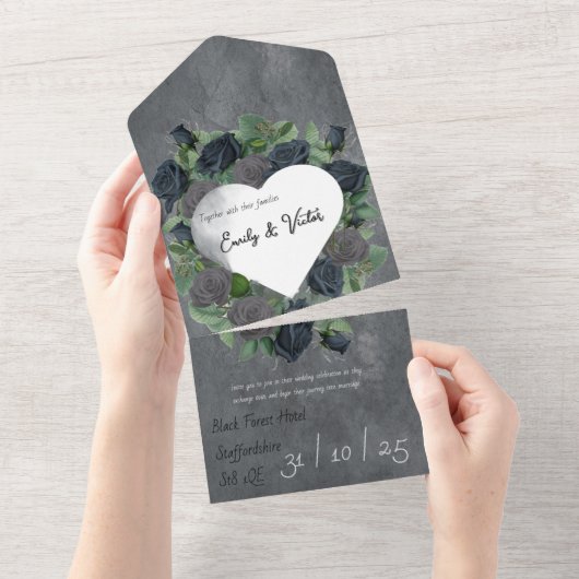 Donkere Floral Gothic Style Wedding All In One Uitnodiging (Afscheurbaar)