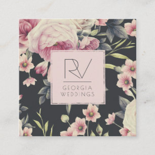  donkere Floral op zwart   Monogram Vierkante Visitekaartje