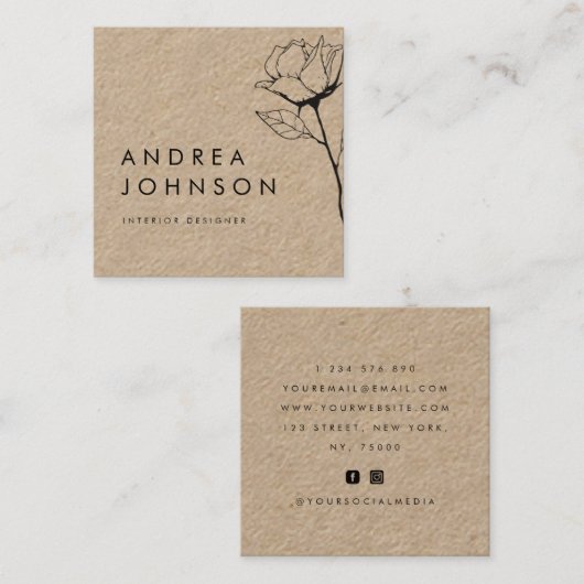 Donkere Floral Roos Rustic Kraft Botanisch Elegant Vierkante Visitekaartje (Voorkant / Achterkant)