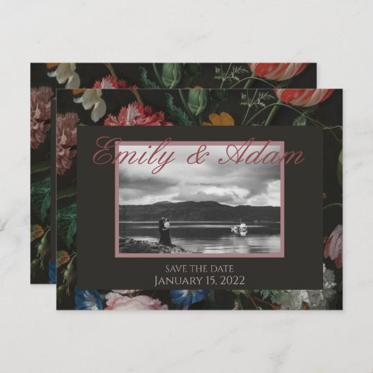 Donkere Floral sla de datum op Feestdagenkaart (Voorkant / Achterkant)