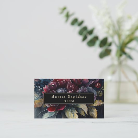 Donkere Floral Waterverf Burgundy Black Visitekaartje (Staand voorkant)