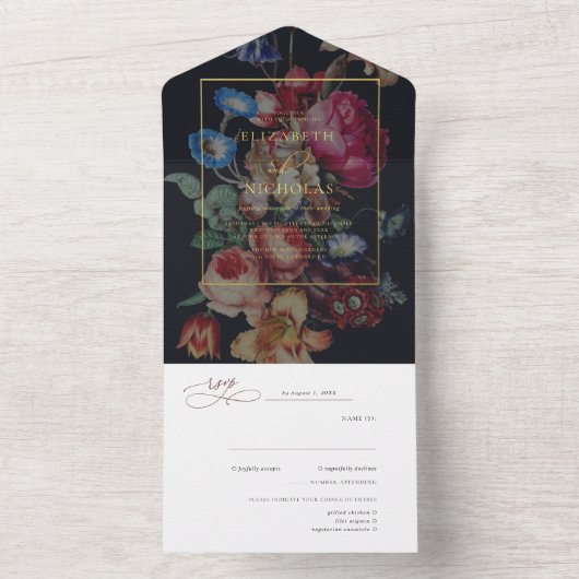 Donkere Floral | Weddenschap All In One Uitnodiging (Binnen)